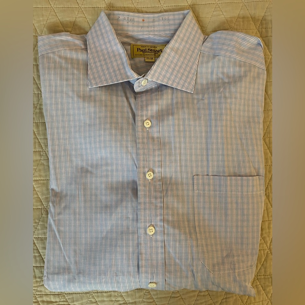 Paul Stuart Small Checkered Spread Collar Dress Shirt in Lavender Size 17 1/2-34